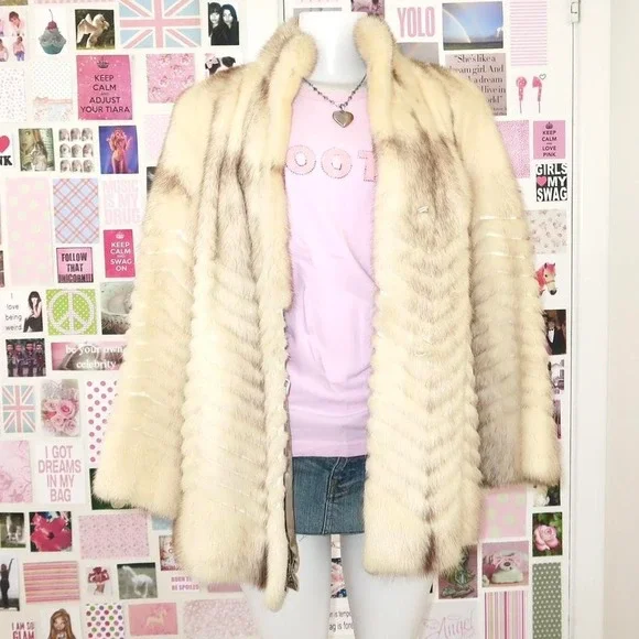 Vintage cream tan real fur Chevron mid-length Mink Fur Coat - Picture 2 of 8